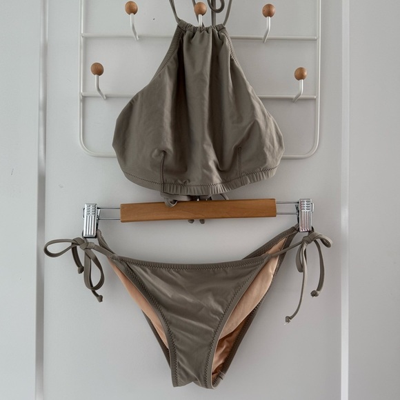 J Crew taupe green gray halter neck bikini top and bottoms set - size XS - Small - Picture 2 of 3
